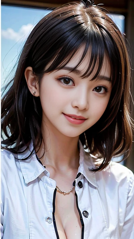 ((highest quality、Masterpiece、High resolution))、(((Zoom photo of upper body、Black Hair)))、(A shy smile:1.2)、One woman、Beautiful Skin、Beautiful Eyes、Cleavage、Nurse uniform、Trimmed bangs、Curly Hair