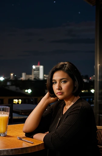 Black hair woman, brown eyes, 40 years old, (plussize) with short bob hair, she is wearing warm clothes sitting at a table on a terrace of a restaurant at the top of a building, observing a night in Jakarta 