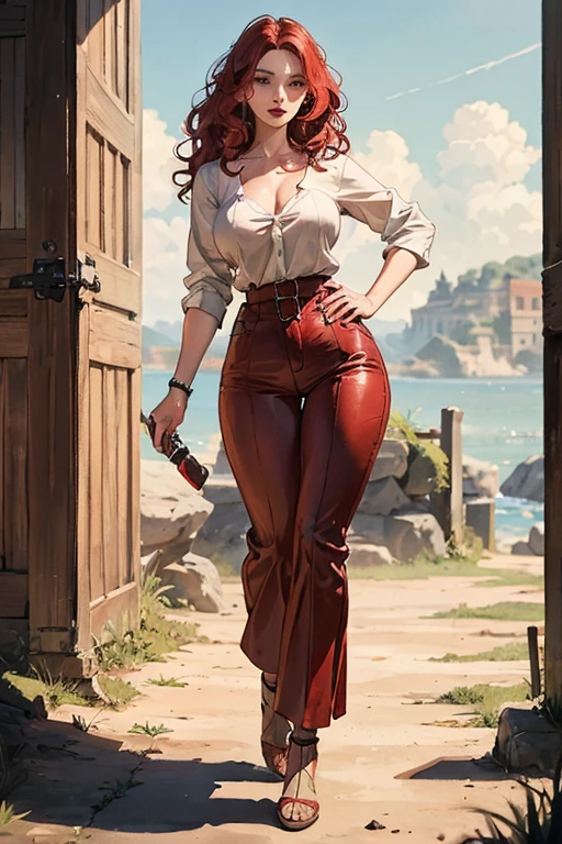 A medium breasted redhead standing on the ground, wide hips, thin waist, beautiful full red lips, lush wavy hair, long torpedo shaped tits, brown pants, loose white renaissance fencing shirt