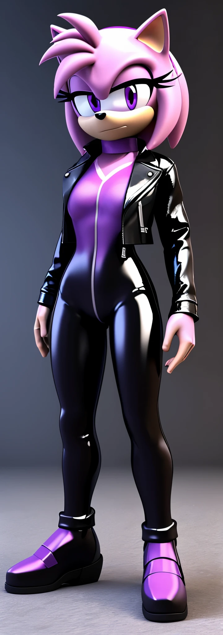 ((((By masamune shirow)))), ((ghost in the shell:0.9)), ((motoko Kusanagi)), solo, 1girl, young woman, digitally drawn art, woman, (((shiny, semi-realistic detailed latex leotard))), (metallic purple crop jacket), ((((long latex pants)))), ((calf high boots)), anime styled, female anime character, character art, full body single character