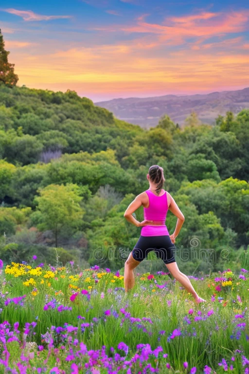 In a detailed and creative illustration about a healthy life, a vibrant and dynamic landscape could be represented. En el primer plano, A person is seen running along a path surrounded by leafy trees and colorful flowers, transmitting energy and vitality. A un lado del camino, hay un huerto con vegetales frescos y frutas, simbolizando una dieta balanceada.

En el fondo, un grupo de personas practica yoga en una colina verde, con el sol brillando suavemente en el horizonte, representing the importance of exercise and connection with nature. Cerca de ellos, hay un lago cristalino donde se ve a alguien meditando en un muelle, enfatizando la salud mental y el bienestar emocional.

En el cielo, algunas aves vuelan libremente, adding a touch of serenity and freedom to the scene. Each element of the illustration is full of vibrant details, desde las texturas de las hojas hasta los colores vivos de las frutas, creating an inspiring and motivational image about balance and harmony in a healthy life.