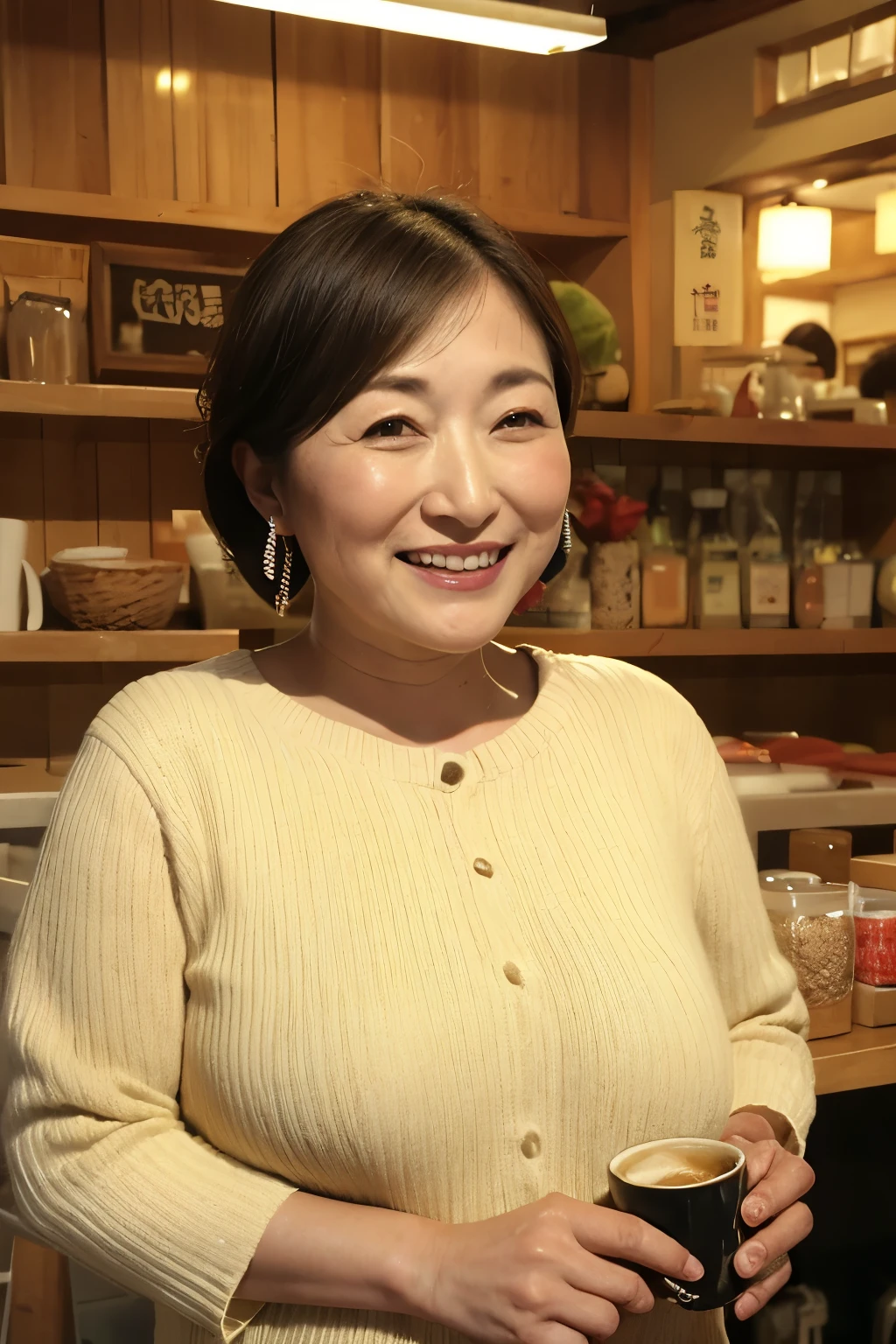 Osaka's aunt、Organic Photography、Background Bokashi, highest quality、masterpiece、Ultra-high resolution、Beautiful Japanese old lady、60 years old、Looking at the audience、Elegant face、Toothy smile、Big Breasts、Wearing a short-sleeved knit、Short perm hair、mini skirt、Earrings、A corner of a coffee shop, Background Blur