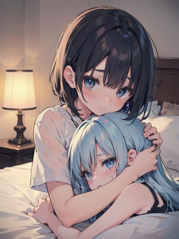 Two girls making lesbian love, And then he looks at the clock and says "It's about time," {{{Sad expression of parting}}}, {[cry}], hug, See more, On the bed, Shallow depth of field, Absurd:1.1, High resolution:1.1, Super detailed:1.1