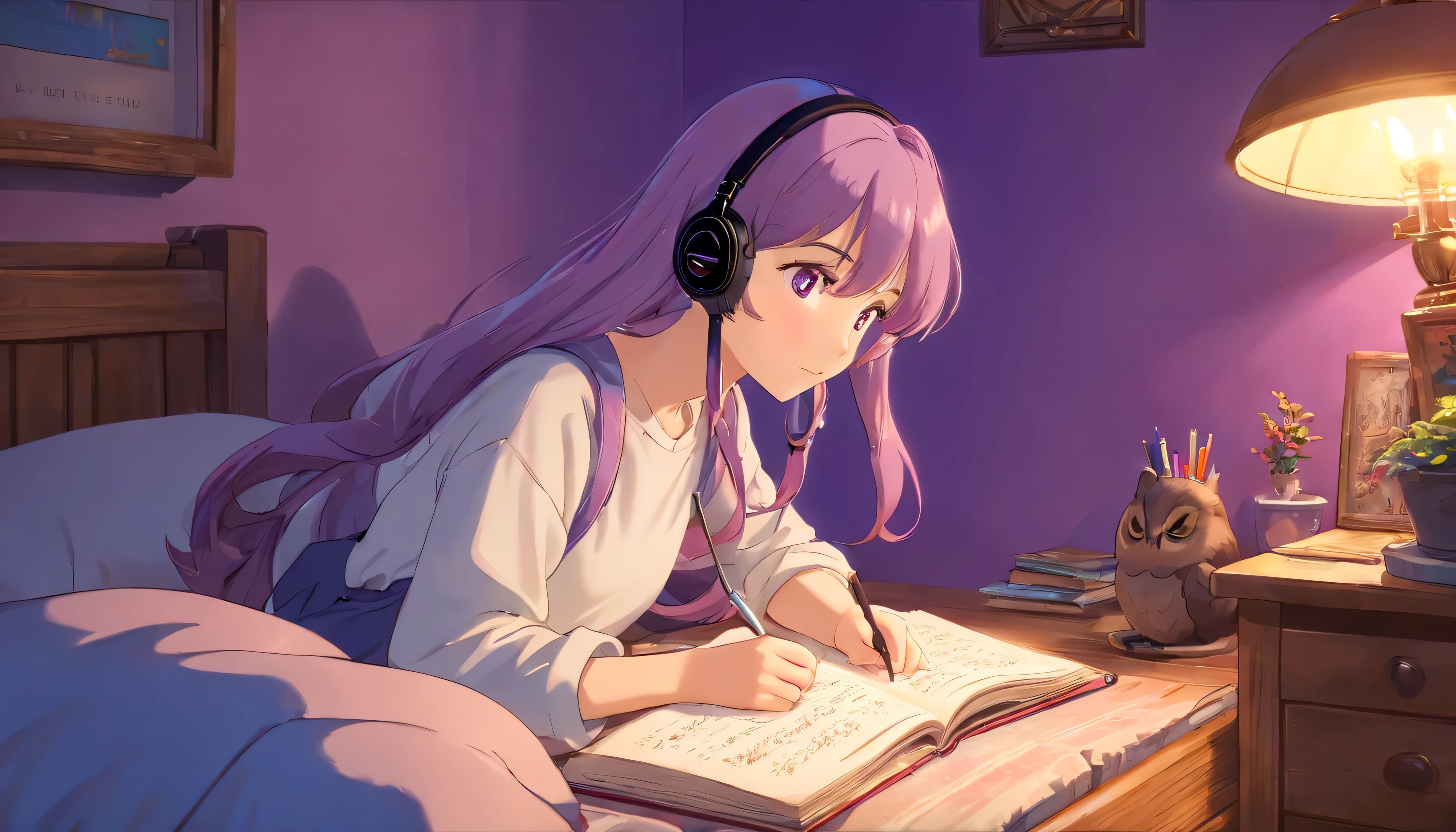(highest quality,4K,8k,High resolution,masterpiece:1.2),(Very detailed),(Realistic,photoRealistic,photo-Realistic:1.37) Beautiful girl studying in a cozy bedroom, Illuminated by a warm purple light. She is wearing headphones、I listen to lo-fi music, While her owl curled up beside her on the bed
