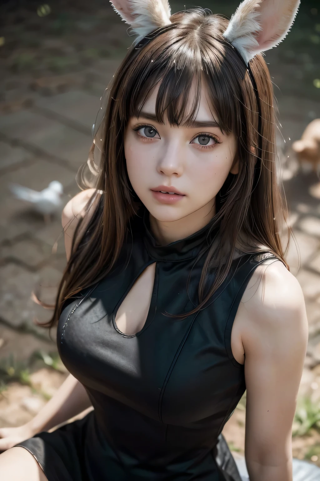 (a beautiful girl with rabbit ears), long messy brown hair, head tilted, (best quality,4k,8k,highres,masterpiece:1.2),ultra-detailed,(realistic,photorealistic,photo-realistic:1.37),intricate, detailed portrait,8K,((masterpiece)), ((best quality)), (ultra-detailed), High detail, professional photograph, highest quality, floating hair, beautiful detailed, (((realistic))), hyper realistic character,natural lighting ,beautiful detailed eyes,1girl, solo,blunt bangs, realistic, ((Sleeveless tight black dress so tight that it sticks to the body)),(cowboy shot), ((birds-eye view))