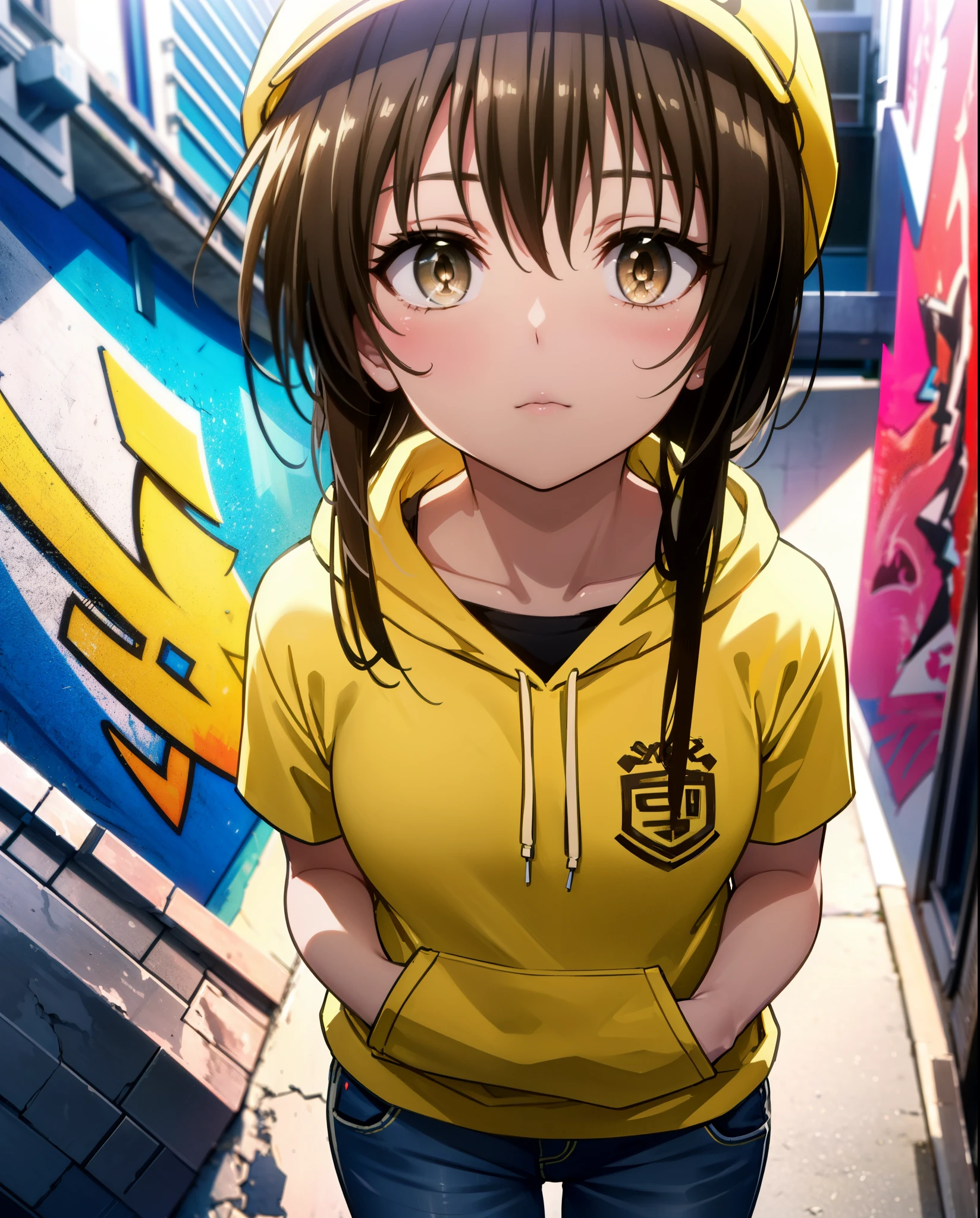 yuikotegawa, Yui Kotegawa, Black Hair, (Brown eyes:1.5), Long Hair,Baseball hats,Oversized hoodie,Oversized jeans,High-top sneakers,Both hands are in the pockets of the hoodie,Graffiti wall,whole bodyがイラストに入るように,Walking,Looking up from below,
break outdoors, In town,Alley,
break looking at viewer, whole body,(Cowboy Shot:1. 5)
break (masterpiece:1.2), highest quality, High resolution, unity 8k wallpaper, (figure:0.8), (Beautiful fine details:1.6), Highly detailed face, Perfect lighting, Highly detailed CG, (Perfect hands, Perfect Anatomy),