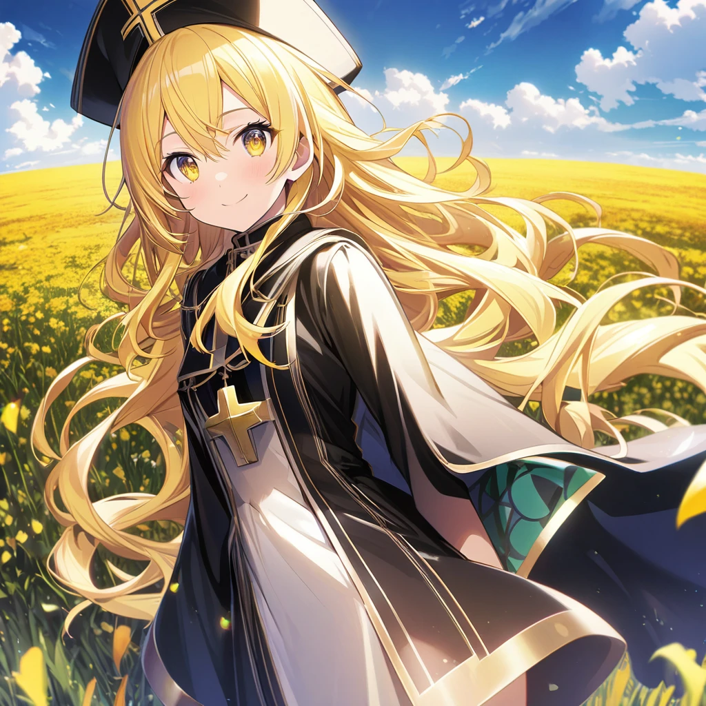 Kohinata Miku \(AKB0048 Next Stage\), (long shiny yellow hair), (bright golden eyes):1.2, black priest costume, bangs, smiling gently, cape, priest hat((ultra-detailed)), ((illustration)), ((flowing hair)), (beautiful detailed eyes), female, 1girl, standing, ((field, sky)), looking at viewer