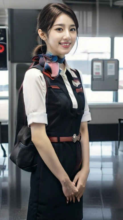 front view, 1 girl, Japanese girl (20-year-old),(Detailed face, Beautiful Eyes ,Light brown chignon, Faint lips), (middle breasts, slender whist, middle hip, little under hair) , JAL  stewardess uniform ,  Black stocking, Black Hi heal,  Full body, standing , stand in floor , on Airport ,  (masterpiece, highest quality, High resolution, Photo realistic, sharp, Raw photo, 8k wallpaper, perfection, Professional Lighting, Very detailed, Depth of written boundary, Pale plain background),