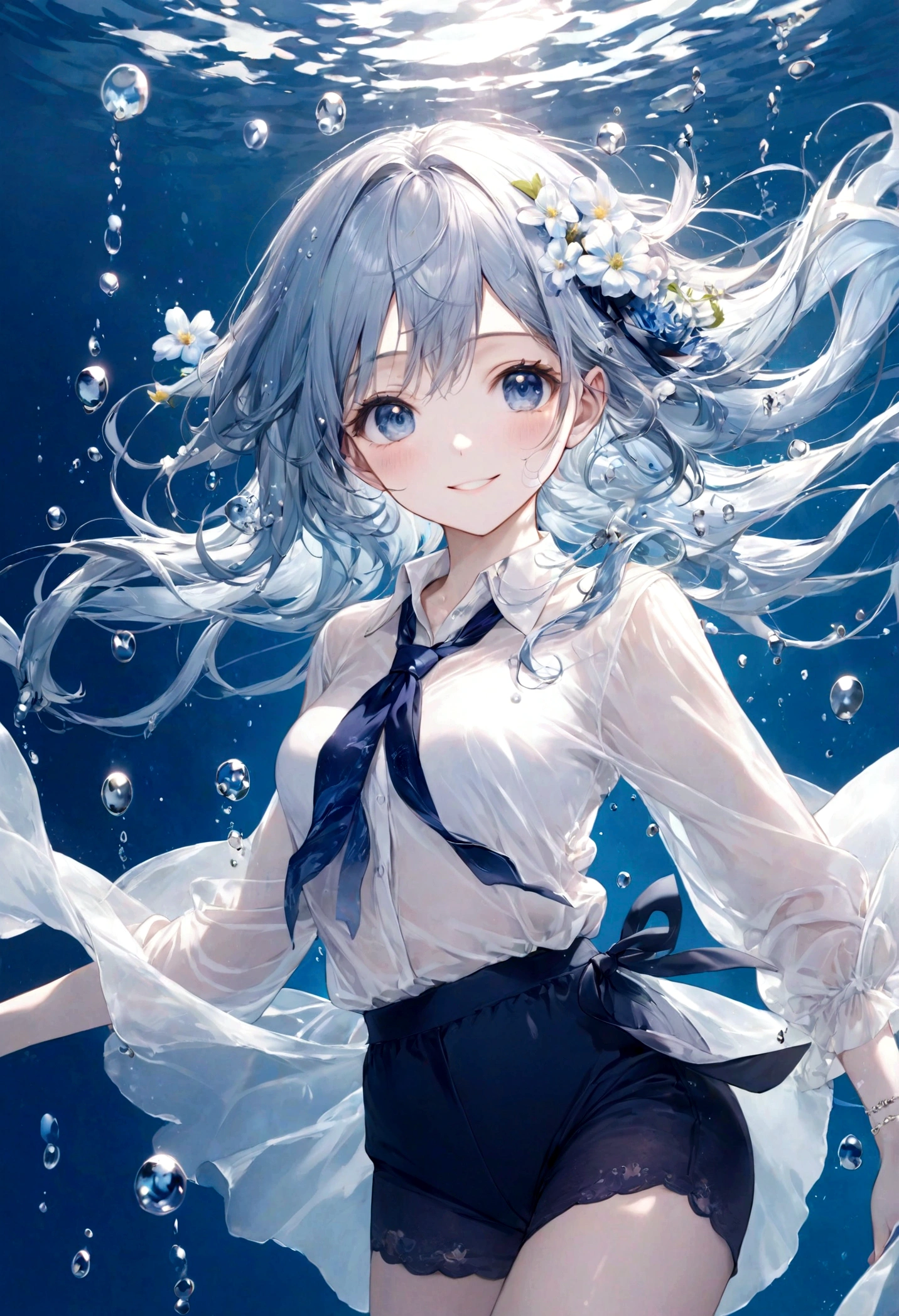 (top-quality)), ((masterpiece)), ((ultra-detailliert)), (extremely delicate and beautiful), bright sky blue hair, watery hair, bright sapphire eyes, fair skin, beautiful woman, sheer white shirt, sheer silky navy blue shorts, navy blue ribbon tie, pearl decorations, underwater world, cold background, air bubbles, water bubbles, underwater, sweet smile, relaxed expression, delicate wavy long hair, blue and white flowers in the water