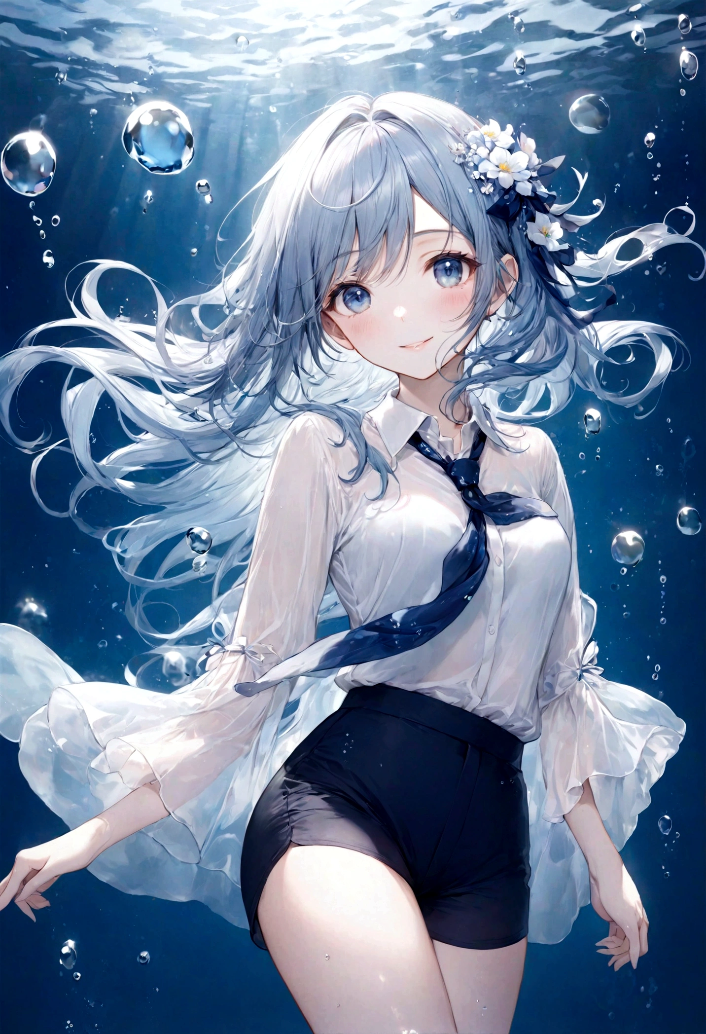 (top-quality)), ((​masterpiece)), ((ultra-detailliert)), (extremely delicate and beautiful), bright sky blue hair, watery hair, bright sapphire eyes, fair skin, beautiful woman, sheer white shirt, sheer silky navy blue shorts, navy blue ribbon tie, pearl decorations, underwater world, cold background, air bubbles, water bubbles, underwater, sweet smile, relaxed expression, delicate wavy long hair, blue and white flowers in the water