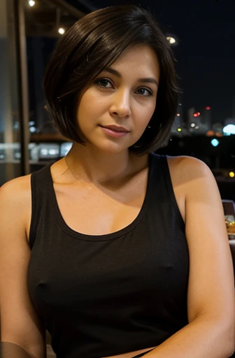 Black hair busty woman, brown eyes, 40 years old, with medium short bob hair, she is wearing warm tank top sitting at a table on a terrace of a restaurant at the top of a building, observing a night in Jakarta