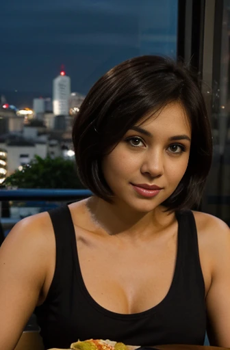 Black hair busty woman, brown eyes, 40 years old, with medium short bob hair, she is wearing warm tank top sitting at a table on a terrace of a restaurant at the top of a building, observing a night in Jakarta