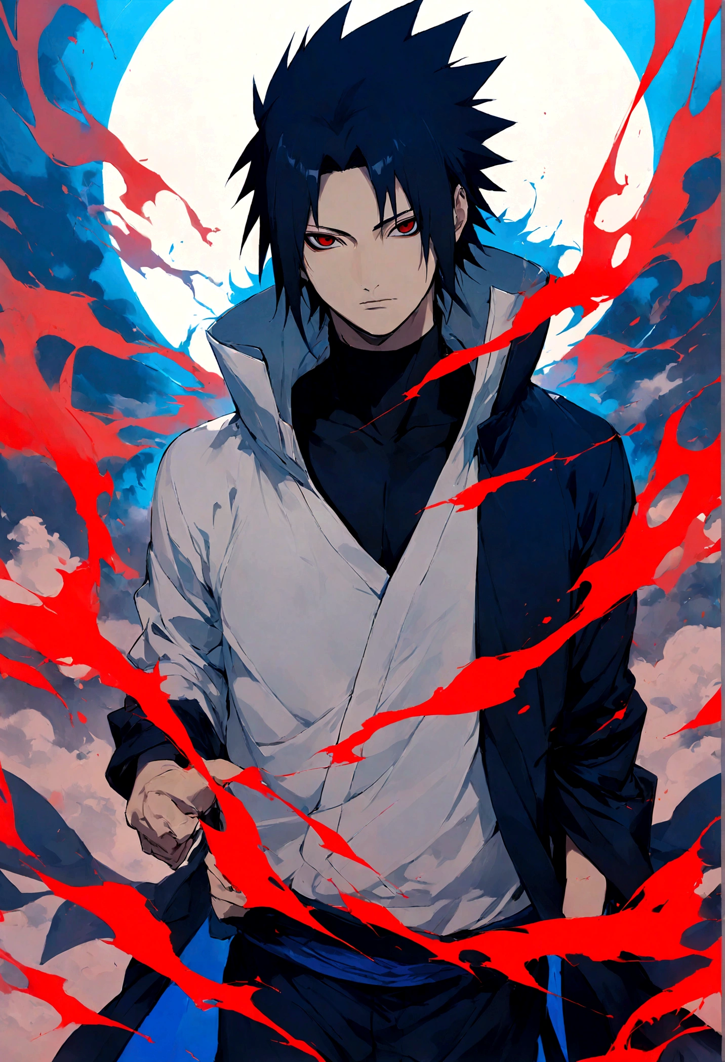 1 boy, Men's Center, sasuke uchiha,naruto, masterpiece, highest quality, so beautiful,、cool、、strongest、Evil Aura、Ninja、Blue light