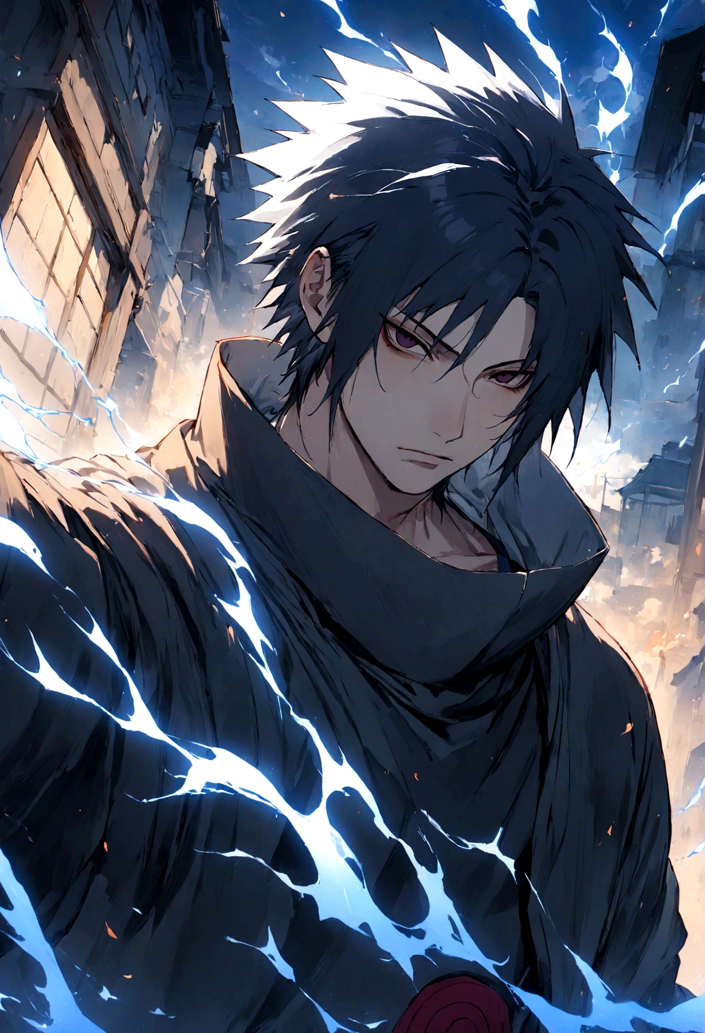 1 boy, Men's Center, sasuke uchiha,naruto, masterpiece, highest quality, so beautiful,、cool、、strongest、Evil Aura、Ninja、Blue light