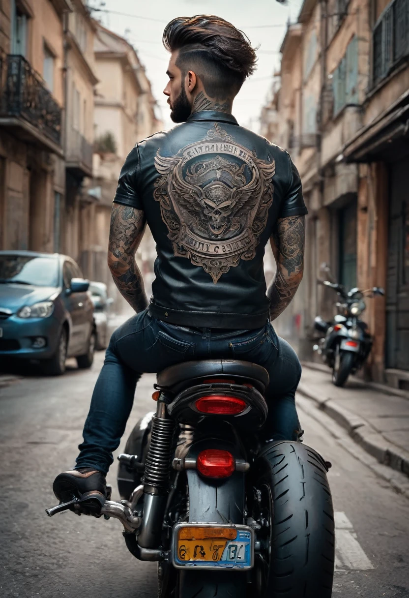neck Tattoo, backview, ride motorcycle, street, detailed background, by Serge Birault, best quality, masterpiece, very aesthetic, perfect composition, intricate details, ultra-detailed
