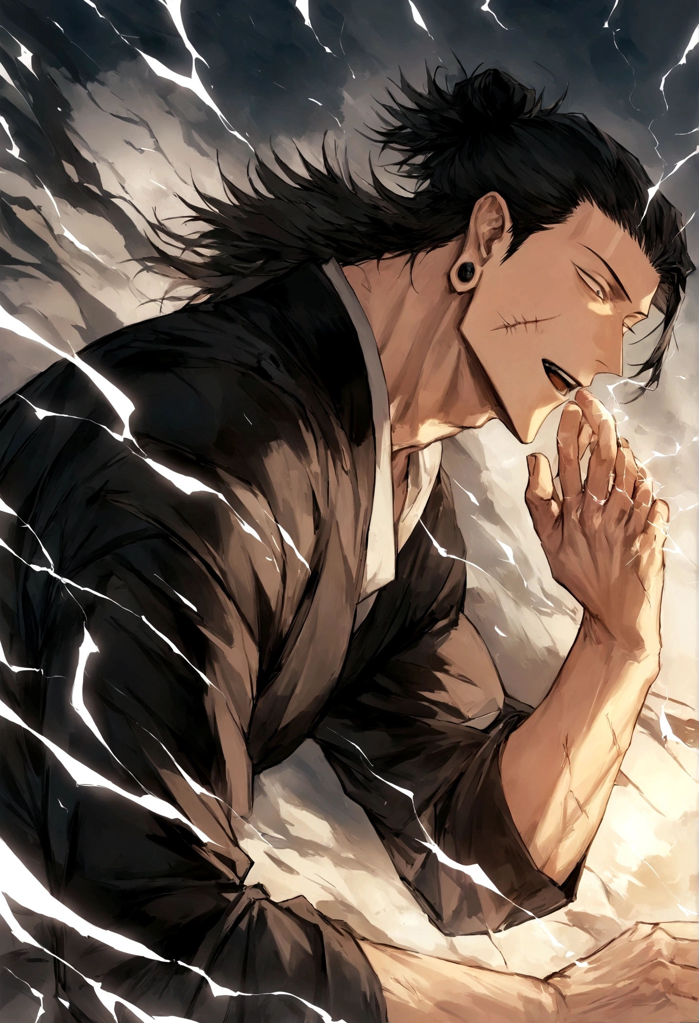 1 boy, Men's Center, Satoru gojou,Jujutsu Kaisen、Injury, electricity,, masterpiece, highest quality, so beautiful,、cool、、strongest、Five fingers