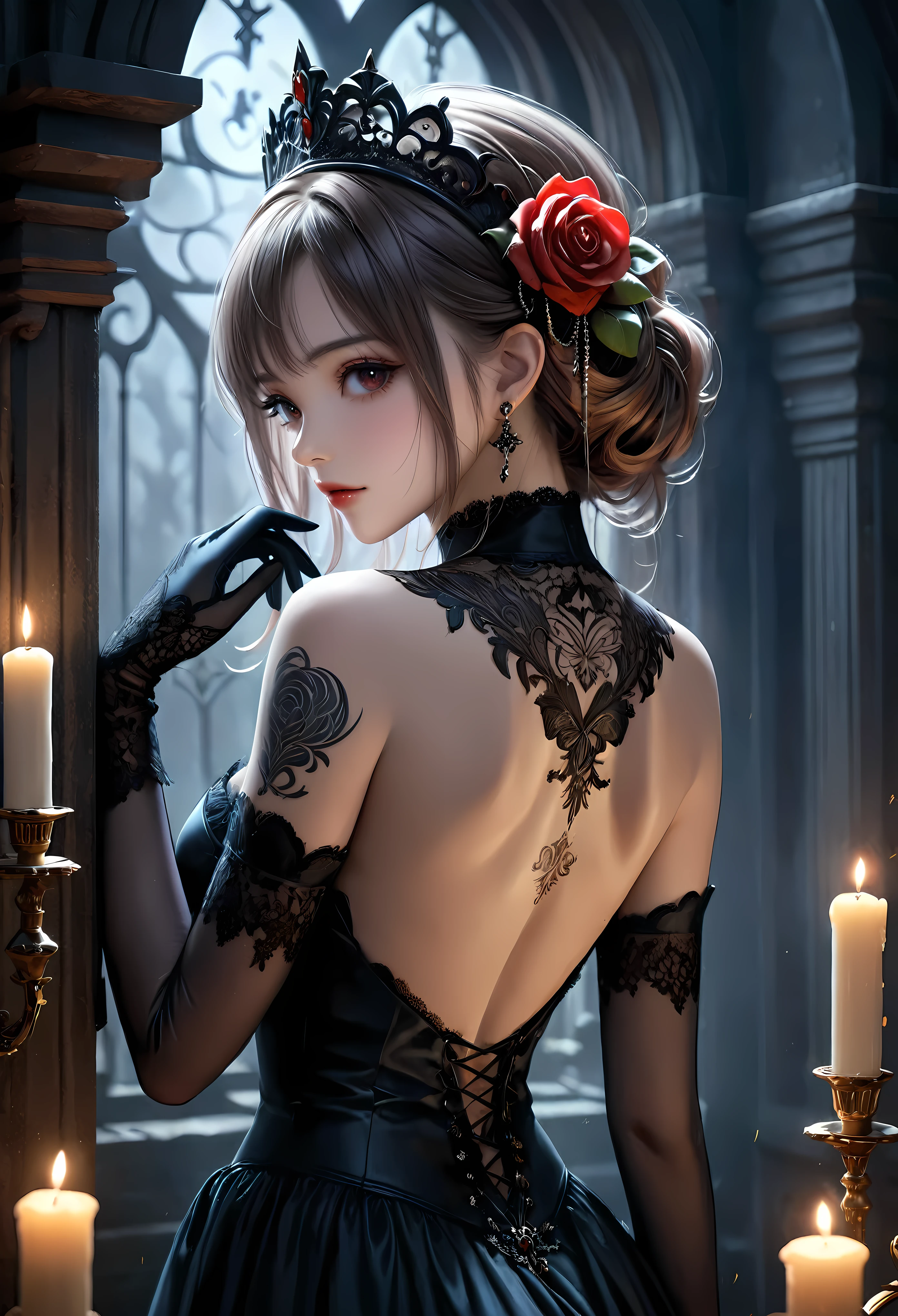 (Masterpiece in maximum 16K resolution:1.6), (intricate detail:1.4), (extremely insane detail:1.4),(highest quality:1.3),(Hyper_realistic:1.3). | ((Soft_color_tones):1.3), dark color palette, soft and diffused lighting. | A tattoo in a beautiful female back, intricate tattoo design, dark glowing ink, mysterious atmosphere, dramatic lighting, gothic architecture, hauntingly beautiful, red rose, silver jewelry, flowing beautul hair, ethereal mist, candlelit room, old-fashioned charm, Victorian aesthetics, an intricate tattoo design, beautiful female back, intense gaze, moody atmosphere, eerie ambiance, elaborate headpiece, lace gloves, candlesticks, ornate details, dramatic poses, whispered secrets, enchantingly dark, shadowy corners, hauntingly romantic, gloomy elegance, macabre beauty, moonlit night, gothic romance. | (A pretty female):1.3), ((Gothic Tattoo in female back):1.3), ((Back view):1.3) | She is adopting a ((dynamic_pose as interacts, boldly moving a exciting way):1.3), ((perfect_pose)), ((perfect_pose):1.5), (((full body))), ((perfect_fingers, better_hands, perfect_hands, perfect_legs)), | Rendered in ultra-high definition with UHD and retina quality, this masterpiece ensures anatomical correctness and textured skin with super detail. With a focus on high quality and accuracy, this award-winning portrayal captures every nuance in stunning 16k resolution, immersing viewers in its lifelike depiction. | ((perfect_composition, perfect_design, perfect_layout, perfect_detail, ultra_detailed)), ((enhance_all, fix_everything)), More Detail, Enhance.
