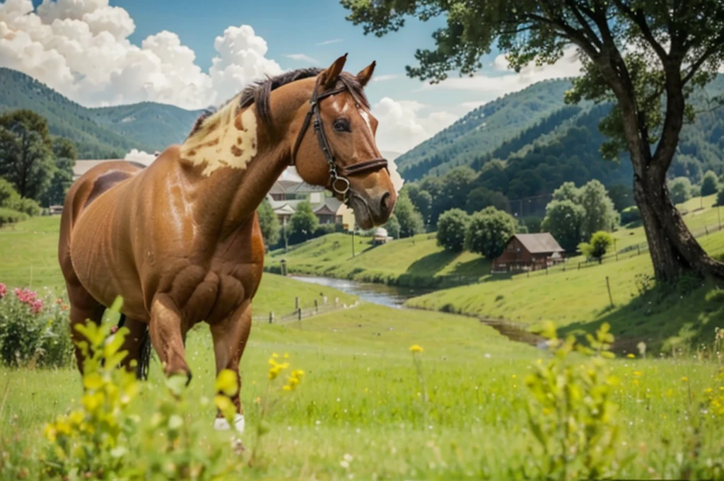 A brown horse with a big stream and a little bigger house