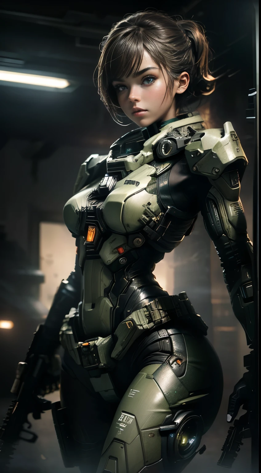 (8K,photorealistic　Raw photography　top quality;1.4) Female soldier big breasts in background, Girl in White Mech, Cyberpunk anime mecha girl, Wearing military armor ((aiming at something with a rifle:1.4)) sci-fi , Beautiful white girl cyborg, Cyborg - Silver girl, Fira's white mech, Echo the Overwatch, Perfect anime cyborg woman, Blue pupils, five fingers, CGhSociety NVIDIA RTX, super resolution,