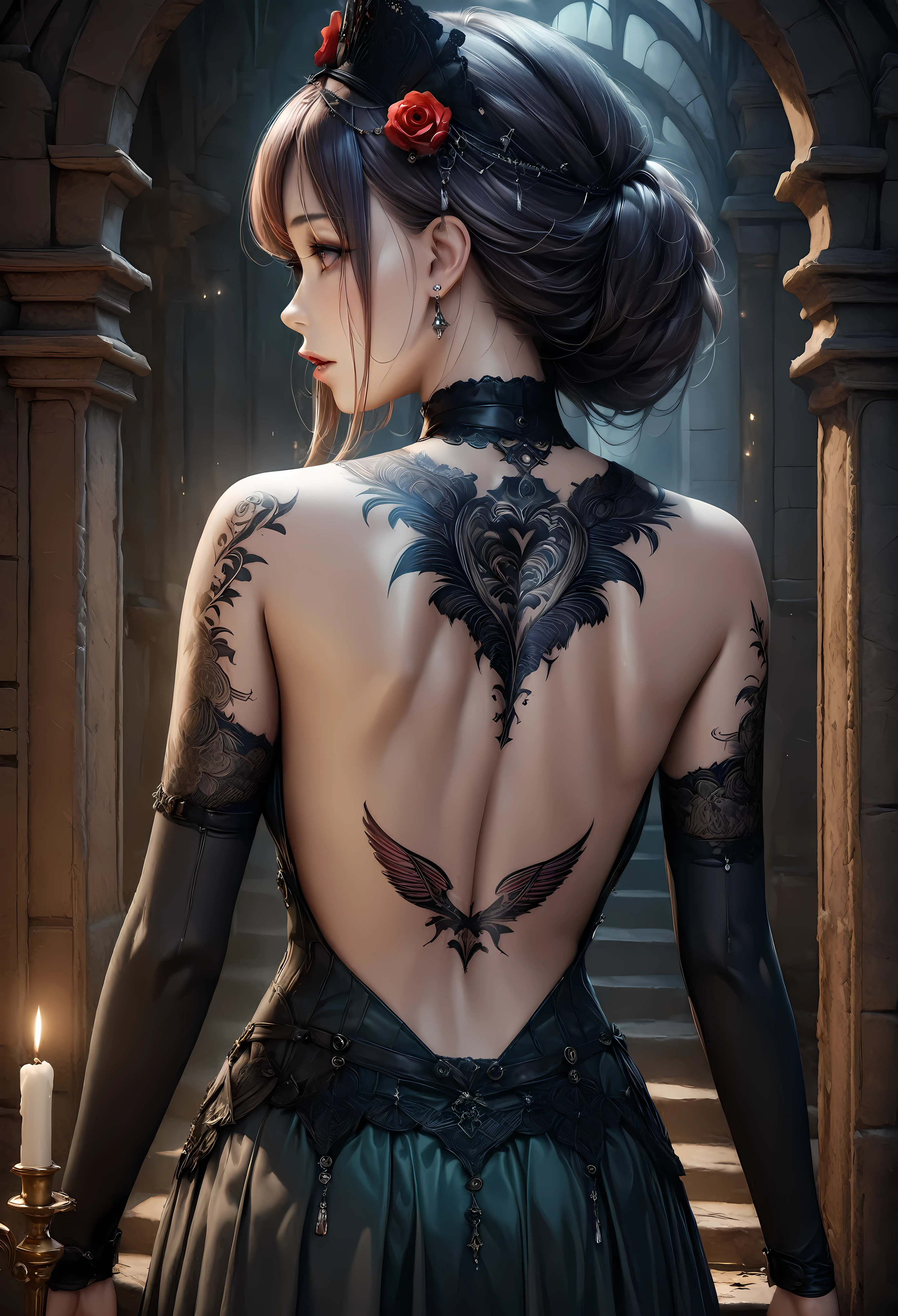 (Masterpiece in maximum 16K resolution:1.6), (intricate detail:1.4), (extremely insane detail:1.4),(highest quality:1.3),(Hyper_realistic:1.3). | ((Soft_color_tones):1.3), dark color palette, soft and diffused lighting. | A tattoo in a beautiful female back, intricate tattoo design, dark glowing ink, mysterious atmosphere, dramatic lighting, gothic architecture, hauntingly beautiful, red rose, silver jewelry, flowing beautul hair, ethereal mist, candlelit room, old-fashioned charm, Victorian aesthetics, an intricate tattoo design, beautiful female back, intense gaze, moody atmosphere, eerie ambiance, elaborate headpiece, lace gloves, candlesticks, ornate details, dramatic poses, whispered secrets, enchantingly dark, shadowy corners, hauntingly romantic, gloomy elegance, macabre beauty, moonlit night, gothic romance. | (A pretty female):1.3), ((Gothic Tattoo in female back):1.3), ((Back view):1.3) | She is adopting a ((dynamic_pose as interacts, boldly moving a exciting way):1.3), ((perfect_pose)), ((perfect_pose):1.5), (((full body))), ((perfect_fingers, better_hands, perfect_hands, perfect_legs)), | Rendered in ultra-high definition with UHD and retina quality, this masterpiece ensures anatomical correctness and textured skin with super detail. With a focus on high quality and accuracy, this award-winning portrayal captures every nuance in stunning 16k resolution, immersing viewers in its lifelike depiction. | ((perfect_composition, perfect_design, perfect_layout, perfect_detail, ultra_detailed)), ((enhance_all, fix_everything)), More Detail, Enhance.