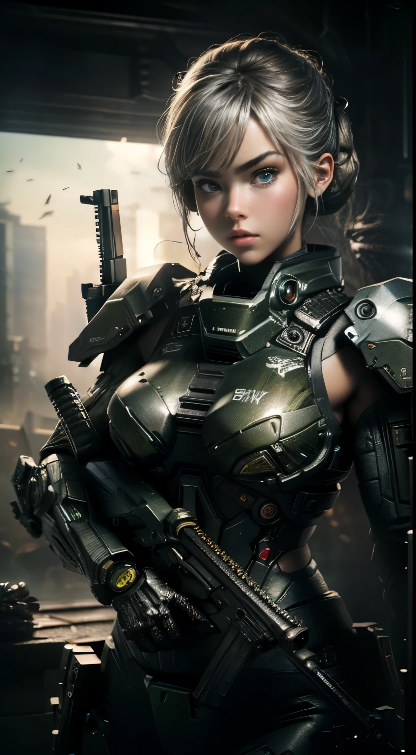 (8K,photorealistic Raw photography top quality;1.4) Female soldier big breasts in background, Girl in White Mech, Cyberpunk anime mecha girl, Wearing military armor ((aiming at something with a rifle:1.4)) sci-fi , Beautiful white girl cyborg, Cyborg - Silver girl, Fira's white mech, Echo the Overwatch, Perfect anime cyborg woman, Blue pupils, five fingers, CGhSociety NVIDIA RTX, super resolution,