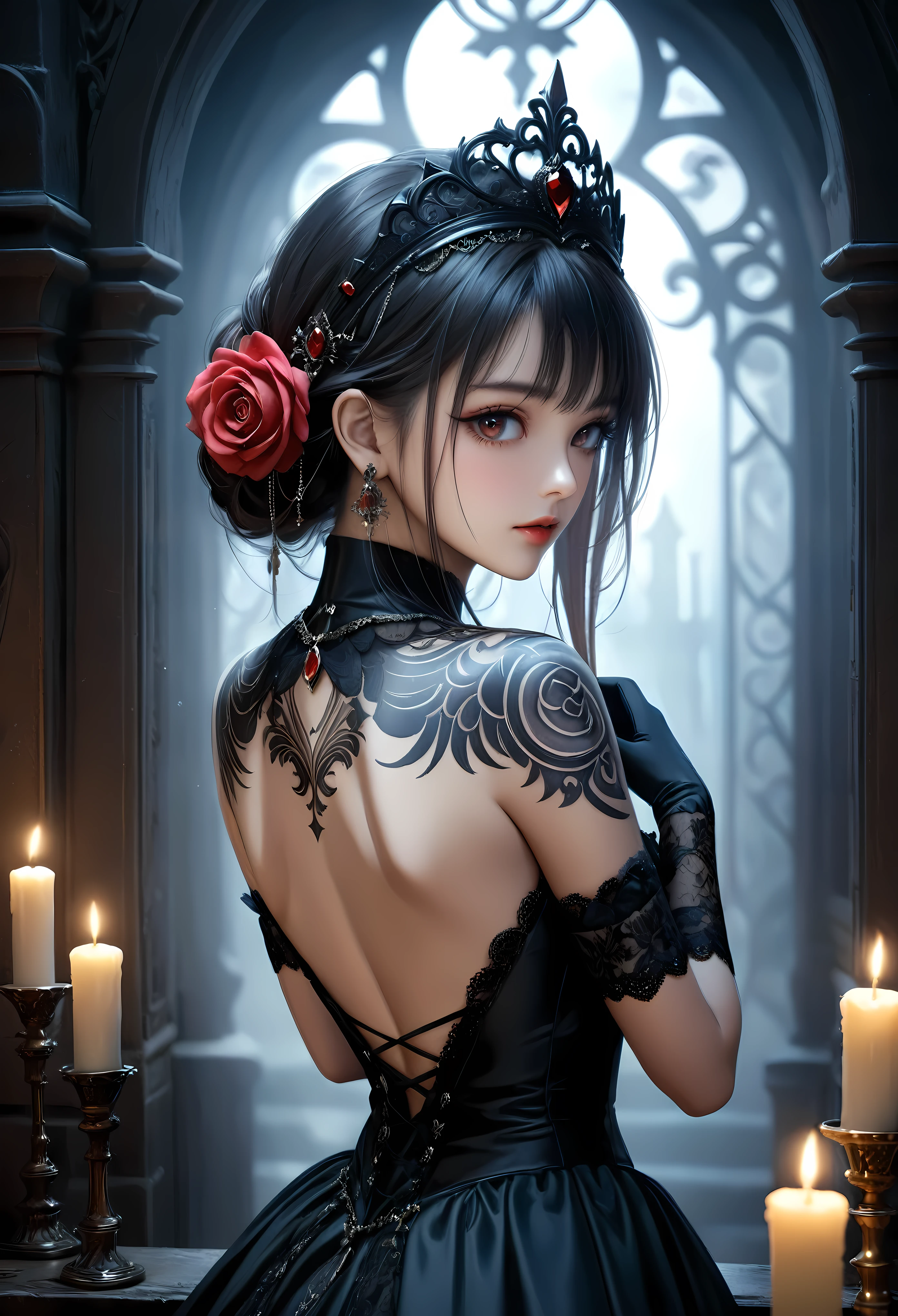 (Masterpiece in maximum 16K resolution:1.6), (intricate detail:1.4), (extremely insane detail:1.4),(highest quality:1.3),(Hyper_realistic:1.3). | ((Soft_color_tones):1.3), dark color palette, soft and diffused lighting. | A tattoo in a beautiful female back, intricate tattoo design, dark glowing ink, mysterious atmosphere, dramatic lighting, gothic architecture, hauntingly beautiful, red rose, silver jewelry, flowing beautul hair, ethereal mist, candlelit room, old-fashioned charm, Victorian aesthetics, an intricate tattoo design, beautiful female back, intense gaze, moody atmosphere, eerie ambiance, elaborate headpiece, lace gloves, candlesticks, ornate details, dramatic poses, whispered secrets, enchantingly dark, shadowy corners, hauntingly romantic, gloomy elegance, macabre beauty, moonlit night, gothic romance. | (A pretty female):1.3), ((Gothic Tattoo in female back):1.3), ((Back view):1.3) | She is adopting a ((dynamic_pose as interacts, boldly moving a exciting way):1.3), ((perfect_pose)), ((perfect_pose):1.5), (((full body))), ((perfect_fingers, better_hands, perfect_hands, perfect_legs)), | Rendered in ultra-high definition with UHD and retina quality, this masterpiece ensures anatomical correctness and textured skin with super detail. With a focus on high quality and accuracy, this award-winning portrayal captures every nuance in stunning 16k resolution, immersing viewers in its lifelike depiction. | ((perfect_composition, perfect_design, perfect_layout, perfect_detail, ultra_detailed)), ((enhance_all, fix_everything)), More Detail, Enhance.