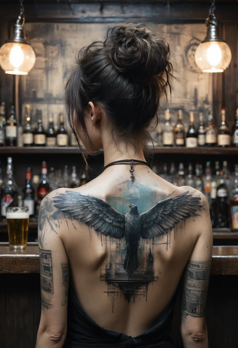 neck Tattoo, backview, bar, pub, detailed background, by Guy Denning, best quality, masterpiece, very aesthetic, perfect composition, intricate details, ultra-detailed