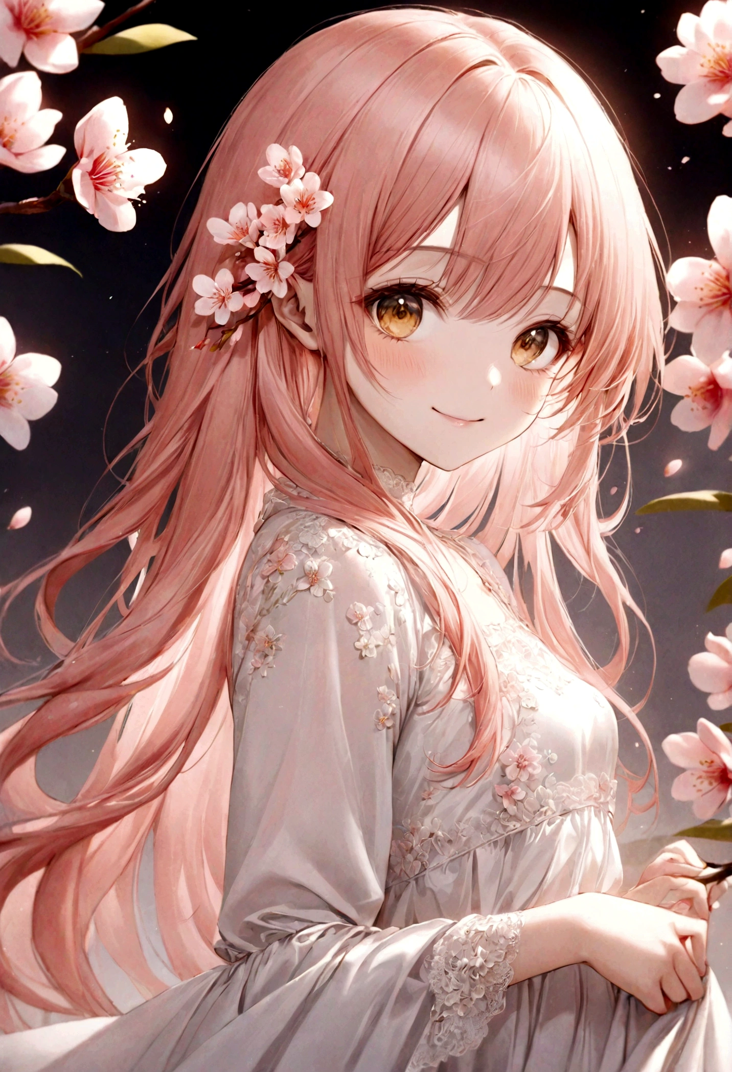 ((top-quality)), ((​masterpiece)), ((ultra-detailliert)), (extremely delicate and beautiful), peach pink hair, peach blossoms in the background, long straight hair, golden eyes, pretty girl, innocent, pure, smiling, wearing silky white dress, pink and white flowers on dress