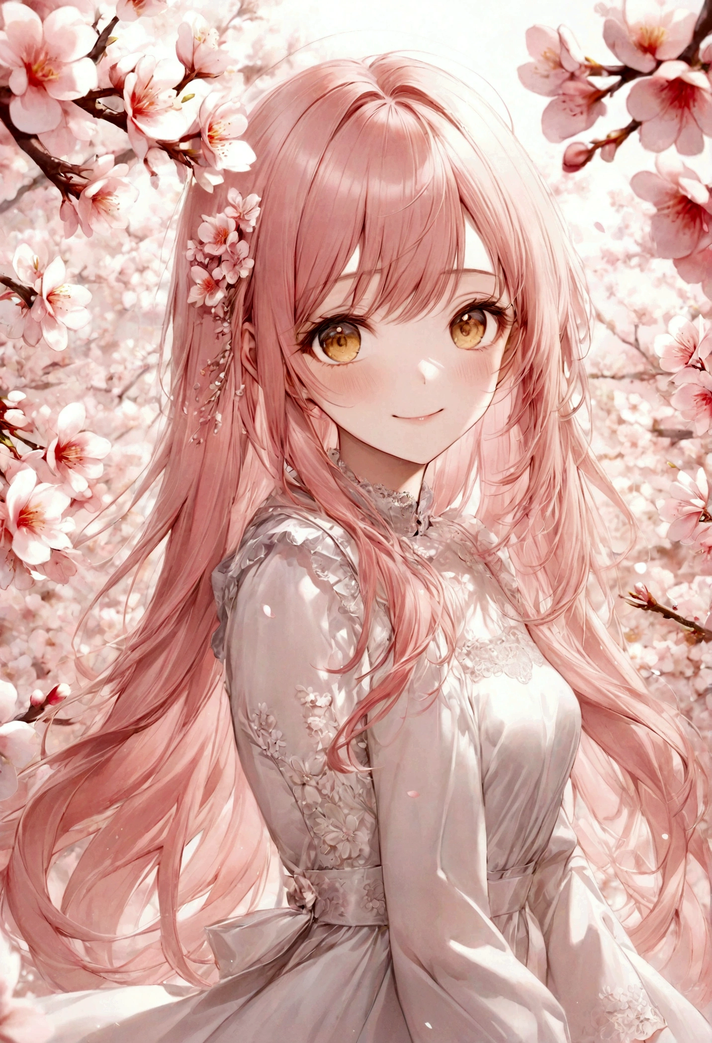 ((top-quality)), ((​masterpiece)), ((ultra-detailliert)), (extremely delicate and beautiful), peach pink hair, peach blossoms in the background, long straight hair, golden eyes, pretty girl, innocent, pure, smiling, wearing silky white dress, pink and white flowers on dress