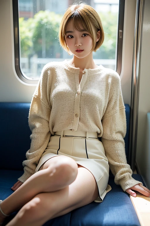 The Japanese girl, at the age of eighteen, sat gracefully on the train seat, her short blonde hair framed her pretty face with bangs parted to the side. Her brown eyes sparkled with life as she looked out of the window, her perfect figure accentuated by the transparency