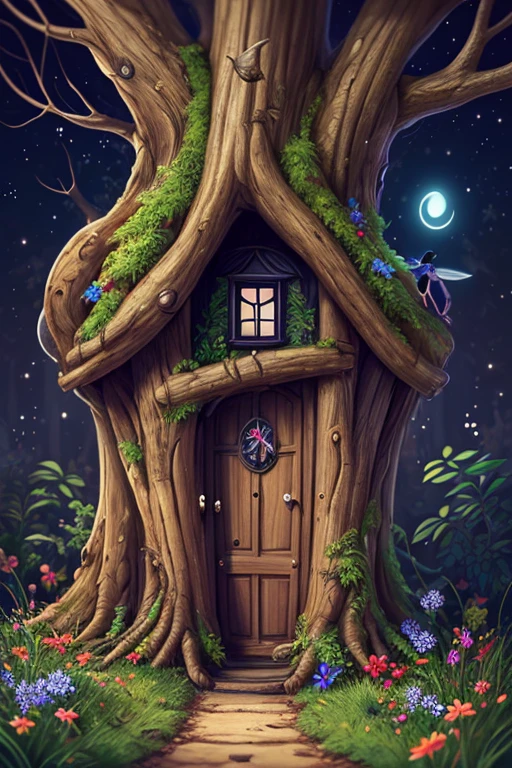 (((masterpiece))), (((nighttime))), (((dark))), moon, moonlight, whimsical, fantasy, deep in forest, (((tree cover))), fairytale BREAK magical tiny fairy door built into base of big tree, tiny flowers, interesting details BREAK (((tiny fairies))), partially open, behold the mystery, stunningly beautiful, highly detailed, absurdes, bokeh