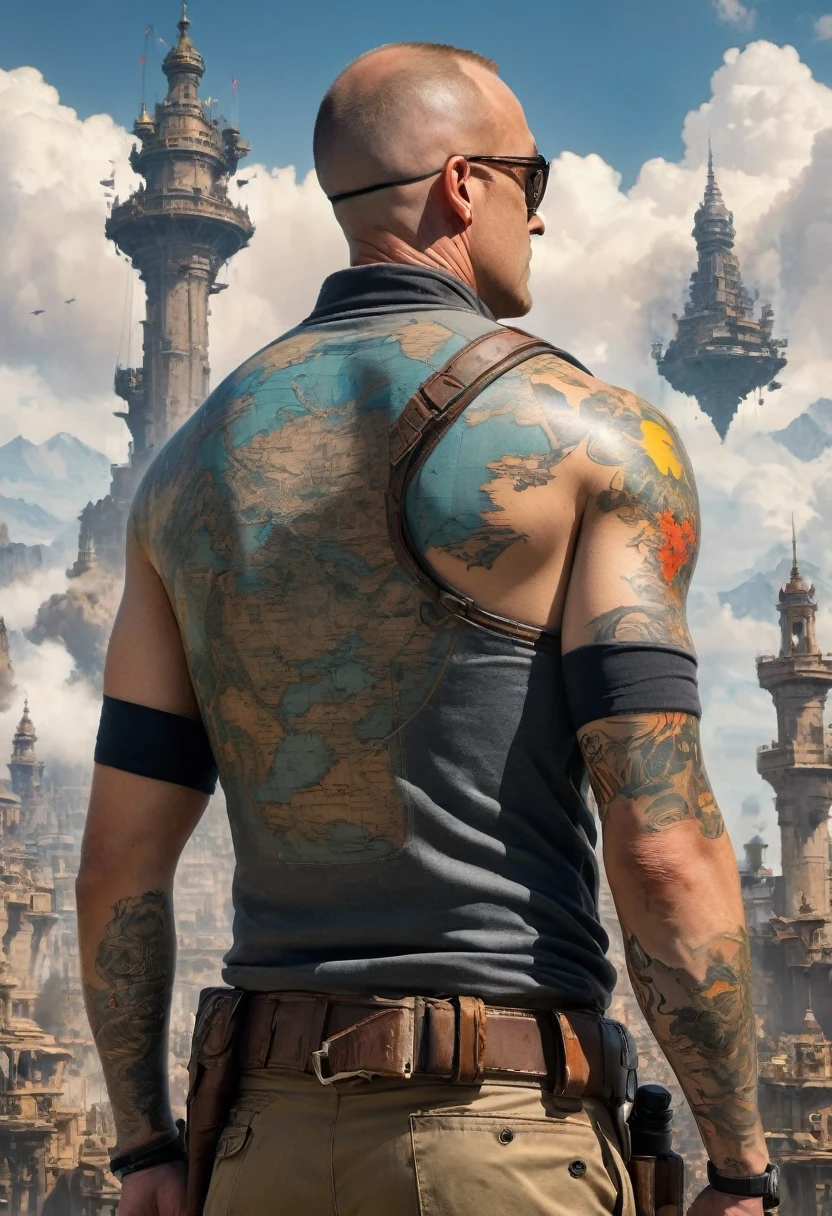 neck Tattoo, from up, war, detailed background, by Richard Anderson, best quality, masterpiece, very aesthetic, perfect composition, intricate details, ultra-detailed