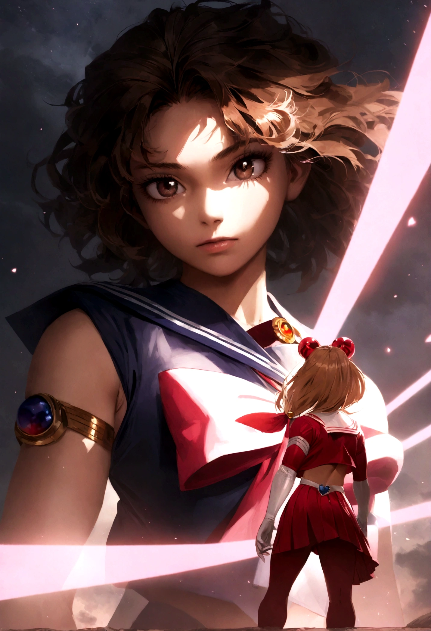 boku no hero academia style, semi-long brown hair, brown eyes, and UA uniform, goddess of the moon, sailor saturn costume (sailor moon)