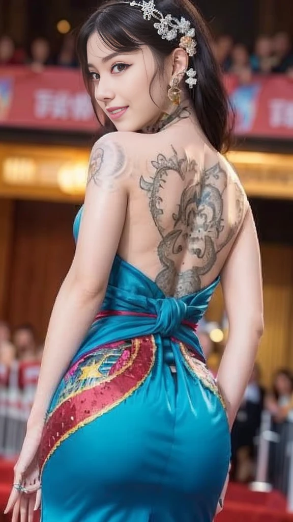 (Best Quality, masutepiece, photographrealistic, ultra-detailliert, 超A high resolution, raw:1.3), (1 woman, Beautiful Japan actress, 25 years old), double iris), (Smile), Detailed face, She has big ring earrings and red eyeshadow makeup.。,light brown delicate middle cut hair,The ends of the hair are wavy,Classy hairstyle,Detailed eyes, (Actress with slender figure,small , Smaller hips, sideboob barbosa), (Butt crack, naked waist, Bare back:1.3), (Colorful Mermaid Dresses:1.2), (from behind), up looking_in_viewer, BREAK black long hair, BREAK (Ceremony, Red carpet, Large crowds:1.5), body tattoo on her back:1.5