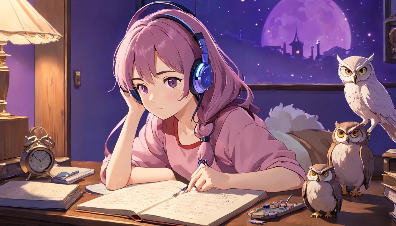 (highest quality,4K,8k,High resolution,masterpiece:1.2),Super detailed,(Realistic,photoRealistic,photo-Realistic:1.37),Beautiful girl studying in bedroom,Portraiture,Headphones,praise, Purple lighting, owl、Antique alarm clock