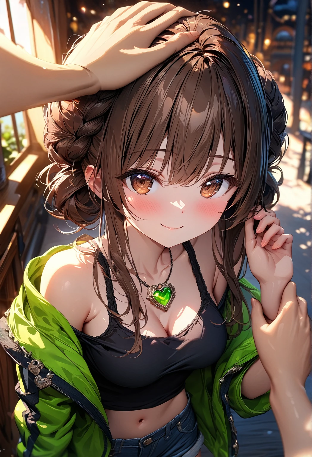 (best quality, top details, high quality, detailed, highest quality, 4k, 8k resolution, highres, ultra fine painting, masterpiece:1.2), digital art, 8k CG wallpaper, detailed background, absurd, epic lighting, RAW photo, POV shot, sharp focus, HDR, UHD, extreme detail description, amateur photography, good lighting, soft light, soft colors, looking at viewer, detailed lights and shadows, niji style, stylish, ultra, ultra-detailed, trending art, master crafted, blurry background, pose, (top quality, details, accessories:1.37), solo, 1 girl, A nervous girl, (medium breasts:1.2), tight bust, flushtered, nice hips, nice body, casual, innocent teen, (cute, slim, nervous face), brown hair, long flowing hair, twin buns hairstyle, long bangs, (long hair), middle hair bangs, brown eyes, full body, ((black string tanktop:1.2), (off shoulder green open hoodie), shorts), one big red gem heart necklace, ((getting headpats from another hand:1.5), ((3 hands)), a hand on head, headpats, (half lidded eyes), body tilting to the touch, , lean in to the touch, smiling:1.2)