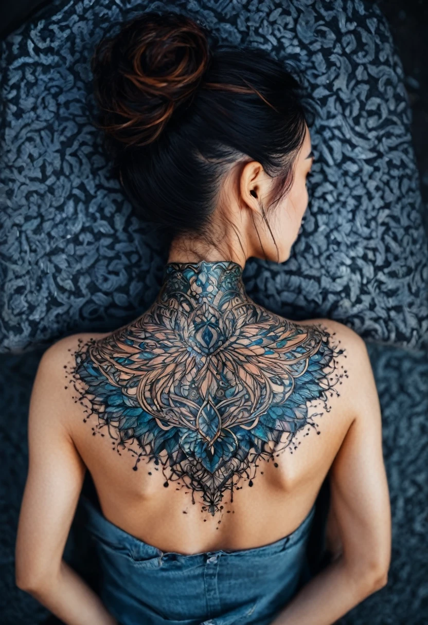 neck Tattoo, from above, detailed background, by alice x. zhang, best quality, masterpiece, very aesthetic, perfect composition, intricate details, ultra-detailed