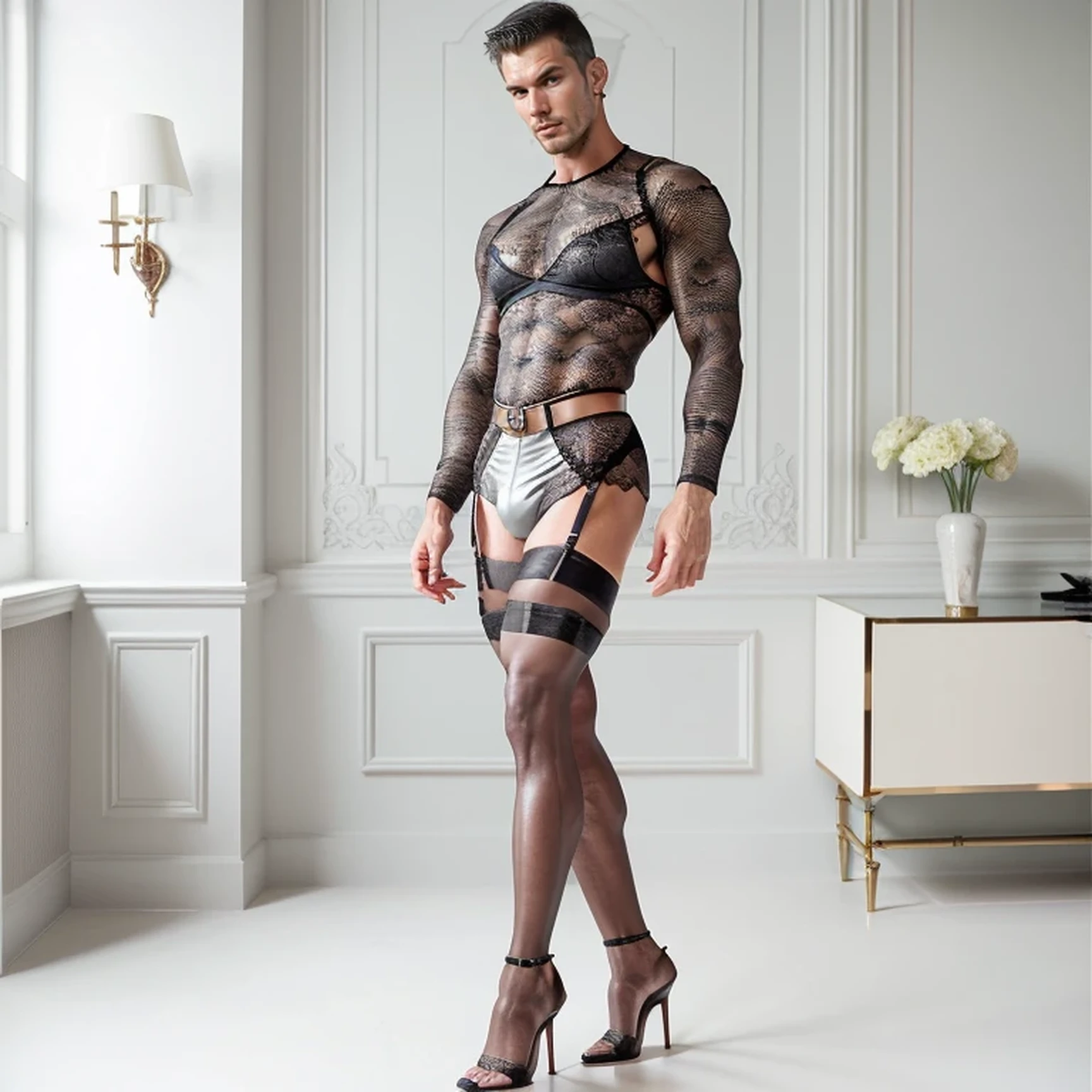 A masculine muscular hunk man with very short hair, lingerie, gaff, black nylon stockings with lace top, padded bra, extreme black stiletto high heels and with metal heels and pointy toes garterbelt, with makeup, fake nails and fake eyelashes, long earrings, bra,