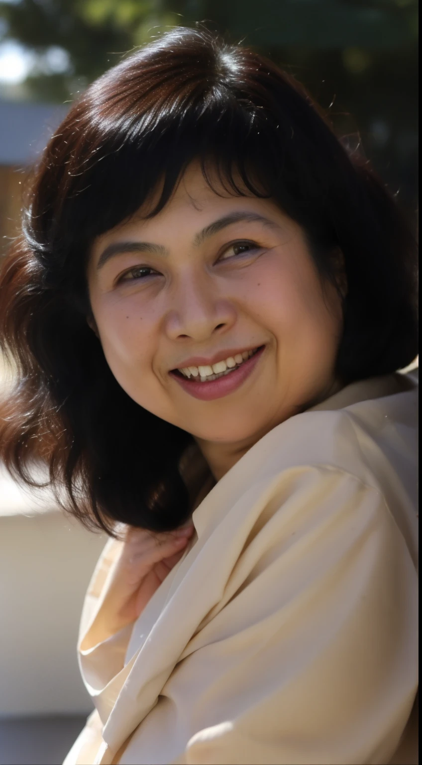 One female，Perfect Face，Wearing a dress，Fat belly，Very plump，Big Breasts，Toothy smile，sitting on a park bench，Full body photo，Cleanliness，Wrinkles are frequent，Hyper detail on skin，Cleans pores，Mature at 90，Noble and elegant Japanese women, Perfect Face, Looks great, (Detailed facial features), Clean and nice face， Wavy Hair, Wrinkles around the eyes,