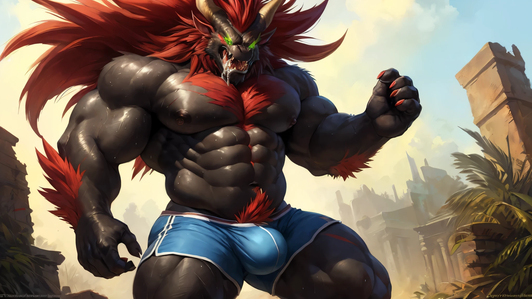 solo, breath (ultra detailed), a beautiful and detailed full size portrait of a male anthro batzz, demon lord dragon batzz, dragon tail, green eyes, glowing eyes, black body, black skin, long hair, red hair, horns, scar, tail, bedroom eyes, detailed eyes, big body, sexy body, (wide body). goddess, kenket, Ross Tran,ruan jia, trending on artstation,foxovh, cenematic lighting, front view, buff, big pecs, muscular anthro, spike arms, strong legs, ((big pecs, nipples, big pecs, blue shorts, bulge))), day, wet, front view, on knees, seductive, ruins, sweating, open mouth, cum in mouth, penis, angry