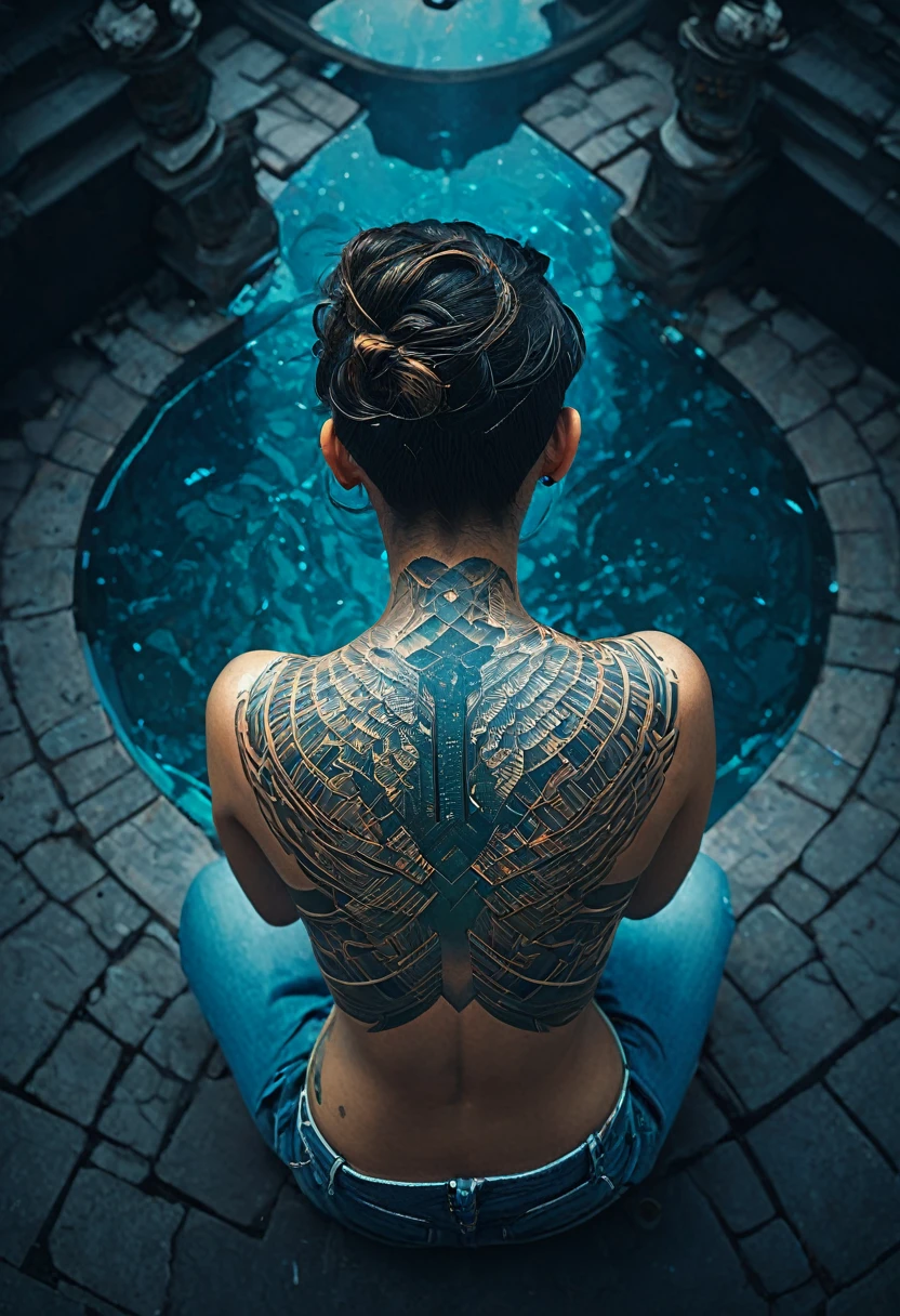 neck Tattoo, from above, backview, detailed background, by Beeple, best quality, masterpiece, very aesthetic, perfect composition, intricate details, ultra-detailed