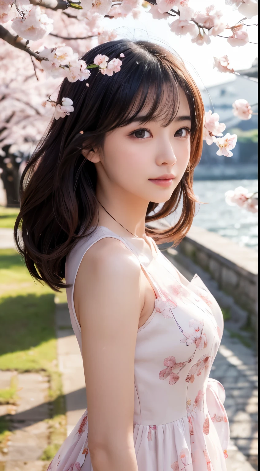 (logo、masterpiece、8k、Tabletop、RAW Photos、wonderful、最high quality、Photorealistic and Very detailed CG integrated 8k wallpaper、high quality、Very detailed、narrative poem、Particle Effects、Dynamic Effects、Depth of written boundary、Cinematic Light、Lens flare、Ray Tracing)、Fantasy、 (1 beauty、dress、dress、Cherry blossom pattern、Black-haired、Beautiful Face、True Face、Beautiful details、eye、Beautiful Skin)、my hair dances in Wind、Hair flutters in Wind、Hair bounces、Pink cherry blossom tree、Petals flutter、SakuraFubuki、wonderful景色、Morning Glow、Sun in the background、Wind、