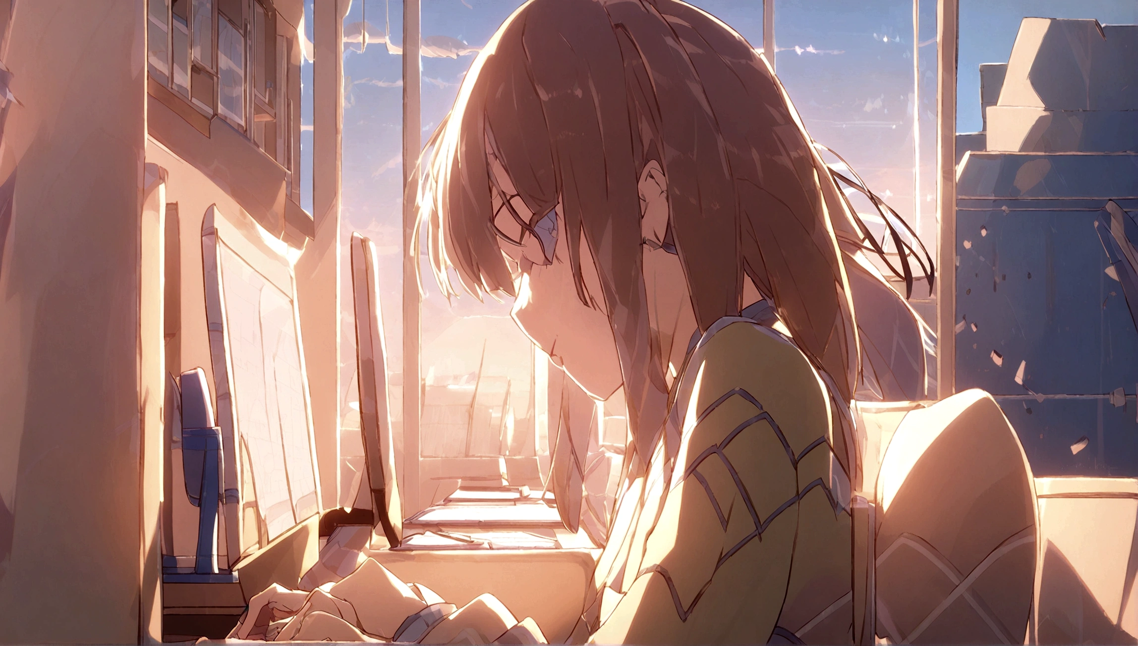 Sitting at a desk in a room、is reading a book while listening to music on headphones、Long Hair Girl、Big eyes、Beautiful Face、profile、Dignified、Illustration Style