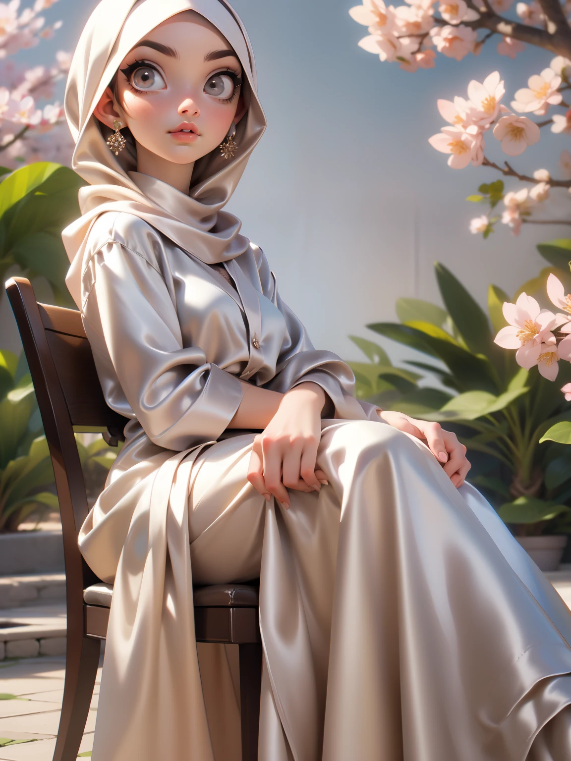 3DMM, ((Masterpiece, best quality, photography)), detailed skin, realistic, photo-realistic, 8k, highly detailed, full length frame, High detail RAW color art, diffused soft lighting, shallow depth of field, sharp focus, hyperrealism, cinematic lighting, hijab, a woman beautifully makeup, bold eyeshadow, beautiful big eyes, Brown eyes, long eye lashes, chubby, wearing ((beige satin hijab), ((gray satin shirt)), ((satin long dress)), sits on chair, under tree, sakura garden