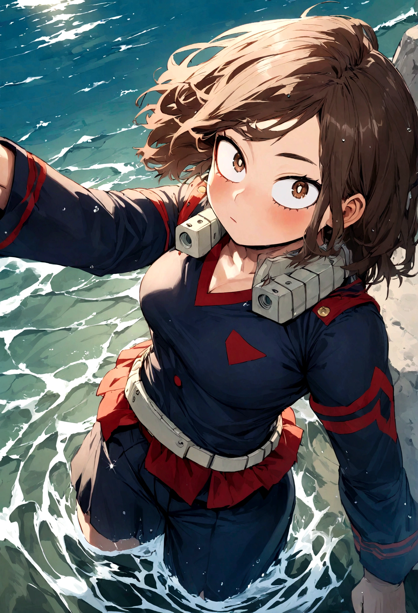 boku no hero academia, semi-long brown hair, brown eyes, and UA uniform, water
