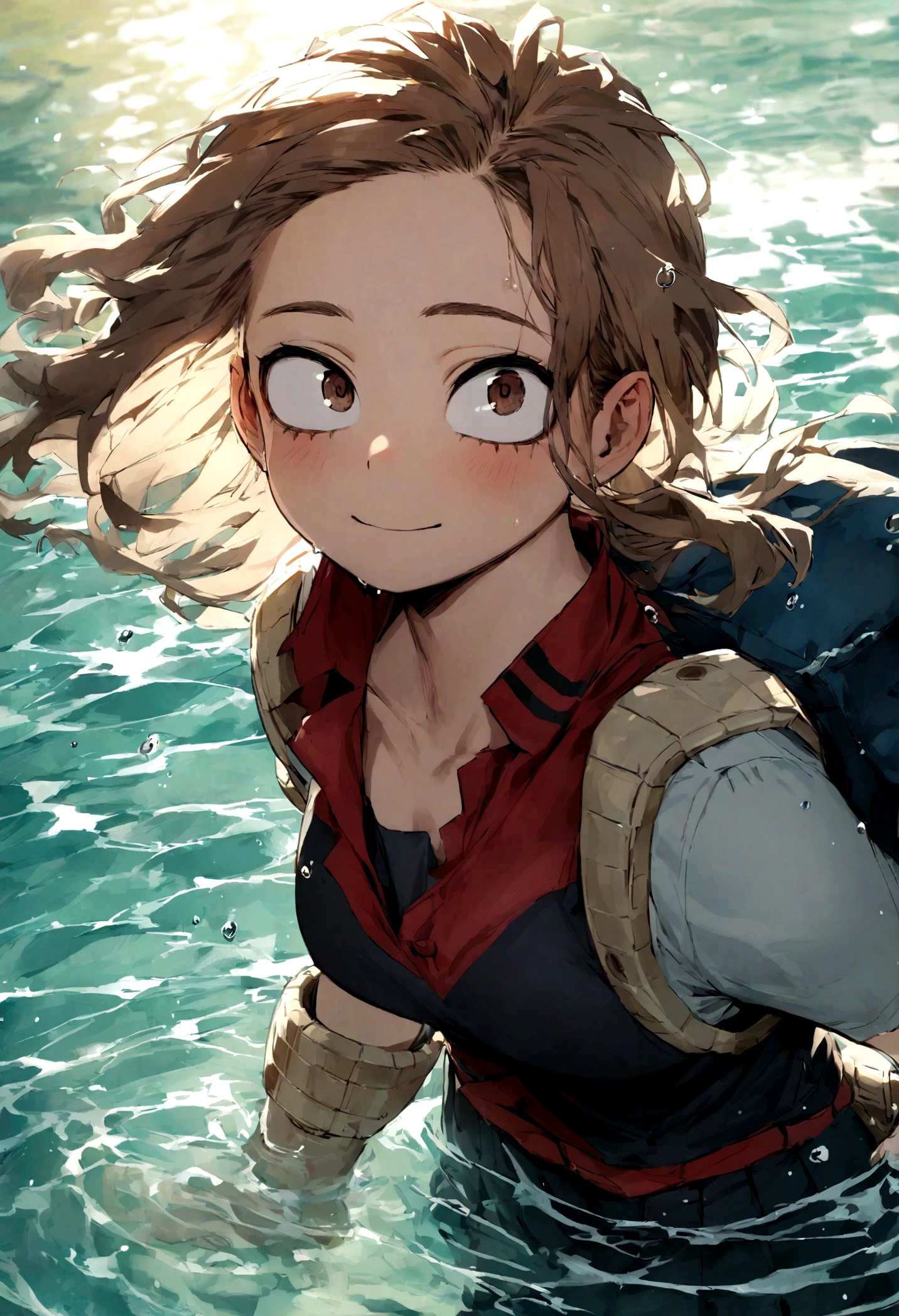 boku no hero academia, semi-long brown hair, brown eyes, and UA uniform, water