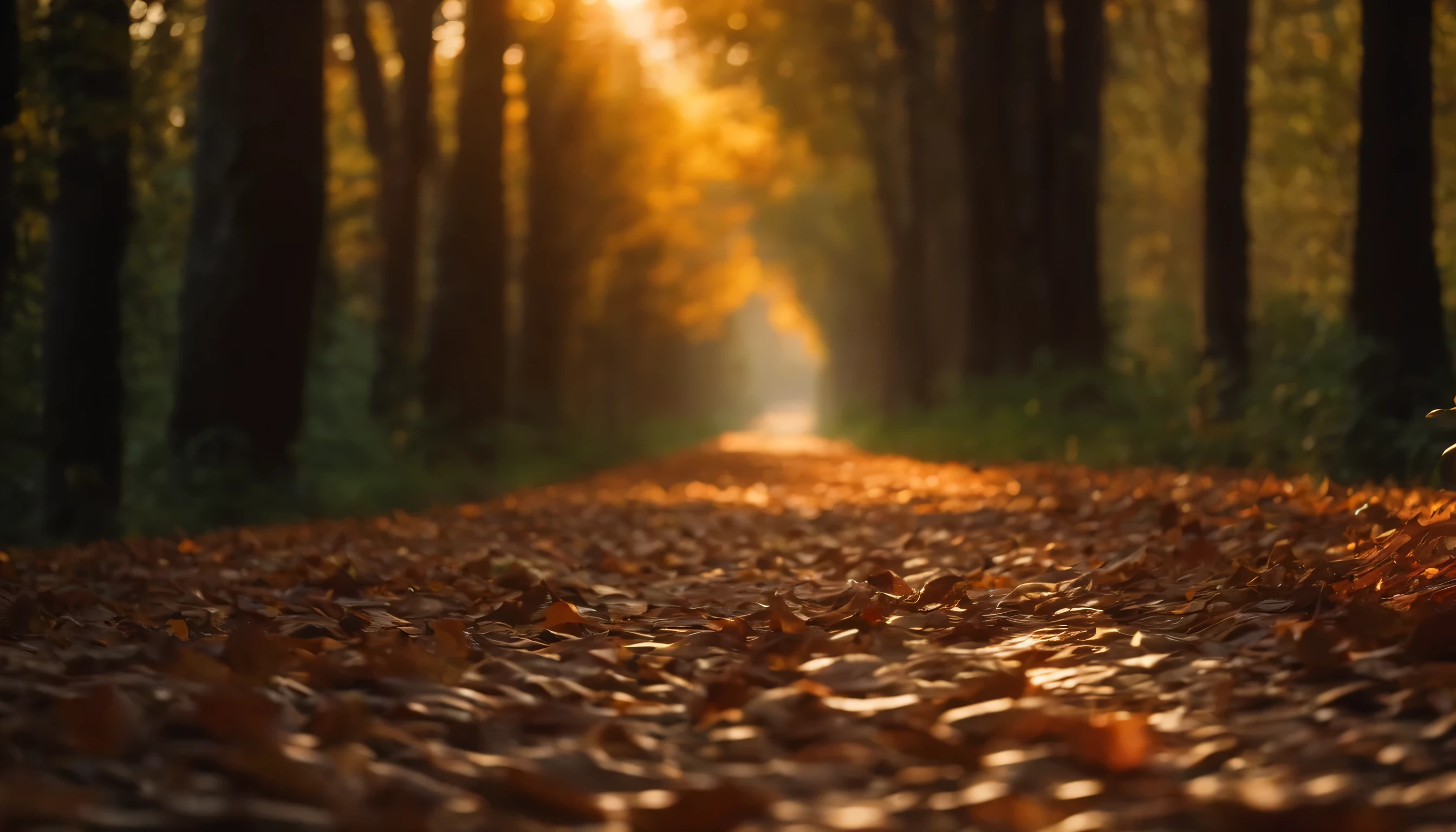 A naro soil road into a jangle, the jungle is full of autumn leaf tree, sunset, sunshine is coming from up abd the leaf shadow, highly detailed, 8k clear, masterpiece
