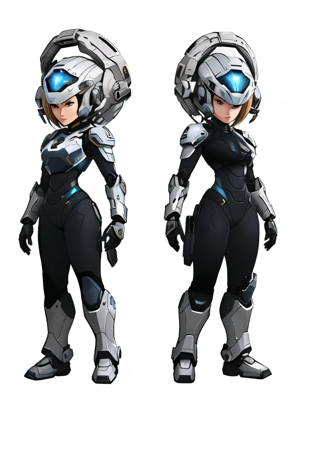 a close-up of two different views of a woman in a spacesuit, girl with mecha cybernetic armor, cyber fighting armor, armadura brilhante de alta tecnologia, cyber japan style armor, armadura espacial, japan cyber armor, armadura preta brilhante, armadura branca brilhante, varia suit, suit varies bioorganic samus aran, traje com tema lunar, personagem de videogame starcraft 2, sigma feminino