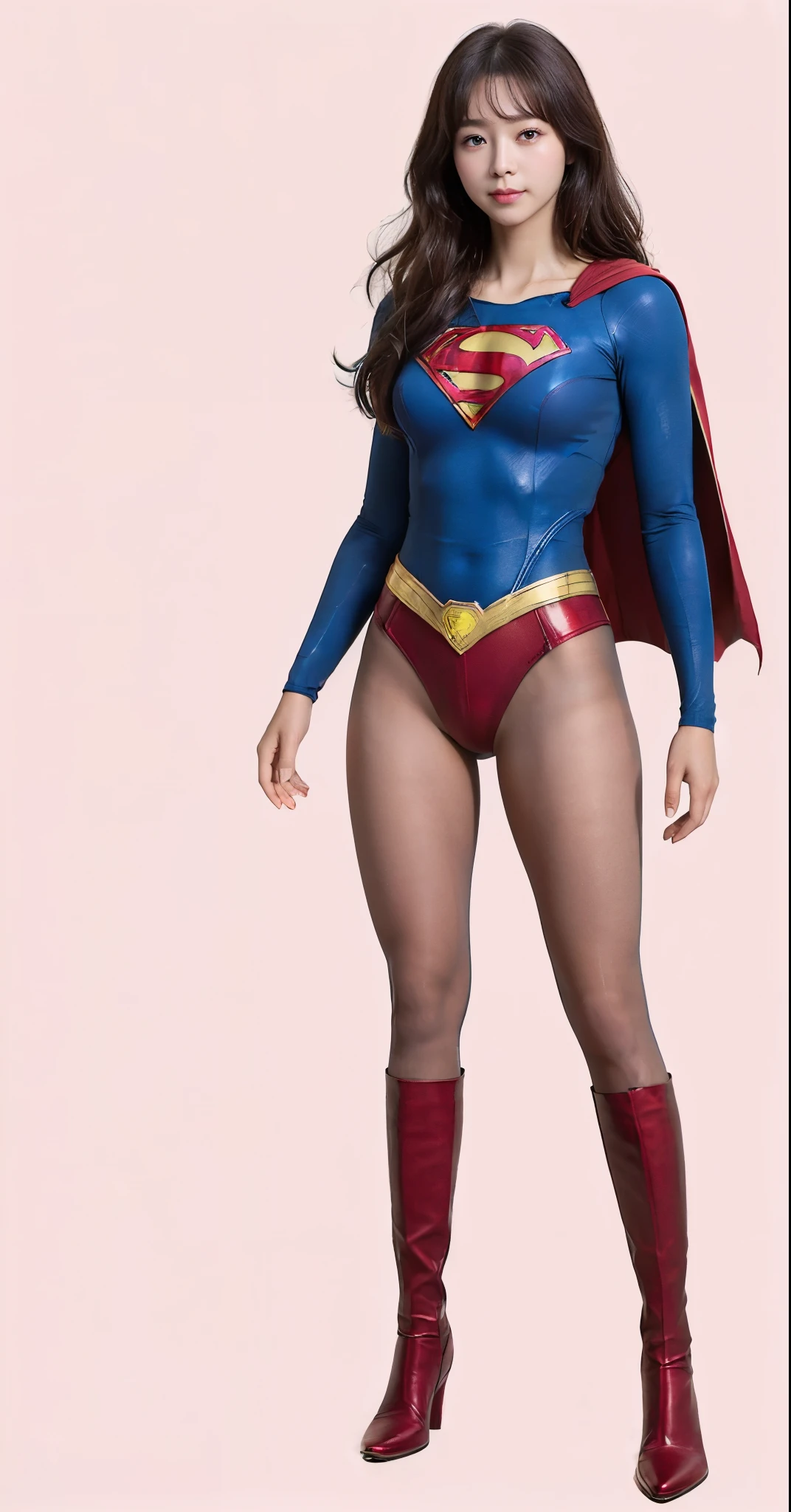 No background、(((Beautiful legs in black tights.)))、(((Legally express the beauty of your smile)))、((((Make the most of your original images)))、(((Supergirl Costume)))、(((Beautiful hairstyle)))、(((suffering)))、(((Please wear black tights....、Wear red boots)))、((Best image quality、8k))、((highest quality、8k、masterpiece:1.3))、(((Preserve background )))、Sharp focus:1.2、Beautiful woman with perfect figure:1.4、Slim Abs:1.2、Wet body:1.5、Highly detailed face and skin texture、8k