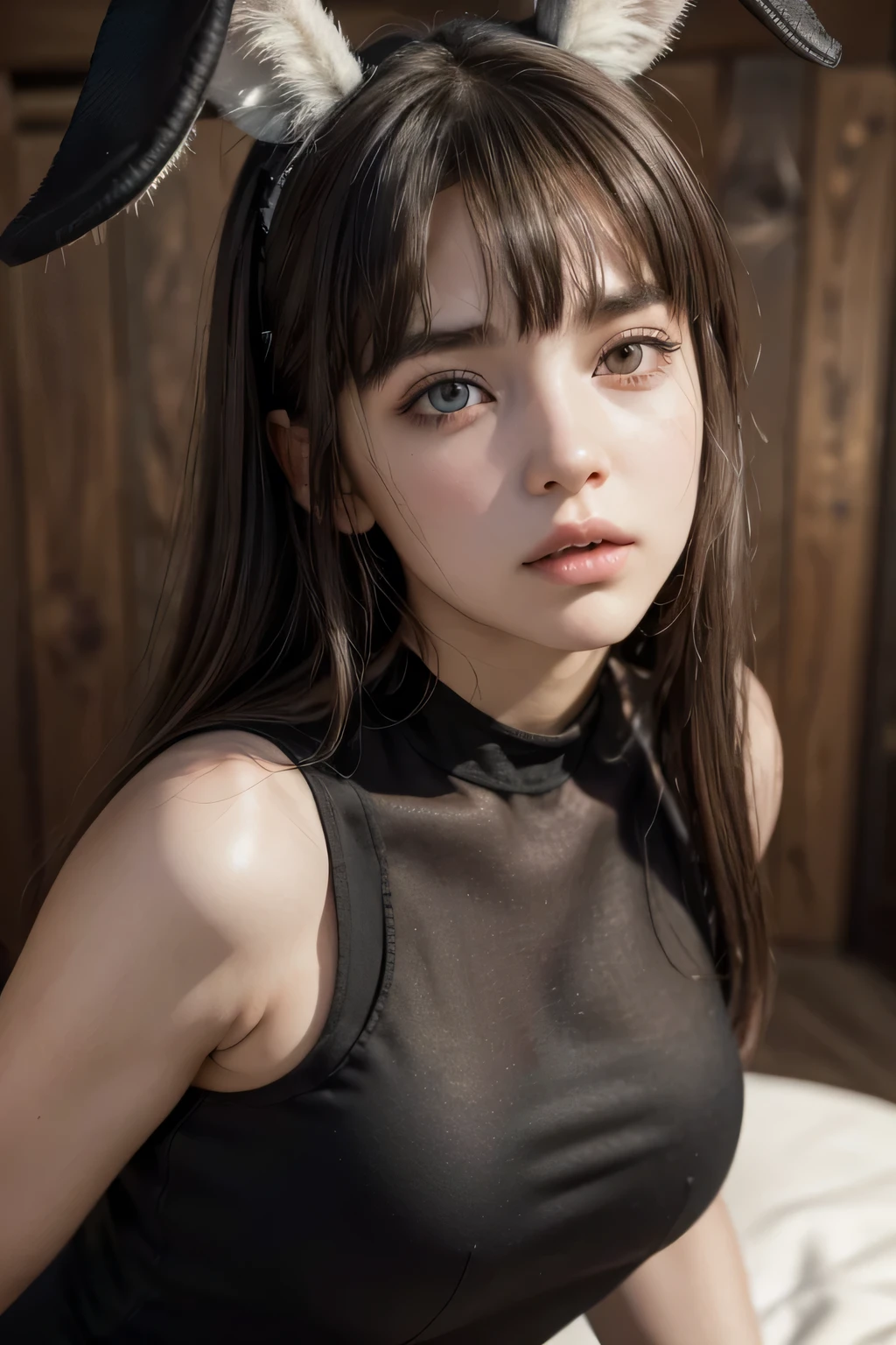 (a beautiful girl with rabbit ears), long messy brown hair, head tilted, (best quality,4k,8k,highres,masterpiece:1.2),ultra-detailed,(realistic,photorealistic,photo-realistic:1.37),intricate, detailed portrait,8K,((masterpiece)), ((best quality)), (ultra-detailed), High detail, professional photograph, highest quality, floating hair, beautiful detailed, (((realistic))), hyper realistic character,natural lighting ,beautiful detailed eyes,1girl, solo,blunt bangs, realistic, ((Sleeveless tight black dress so tight that it sticks to the body)),((low angle shot))